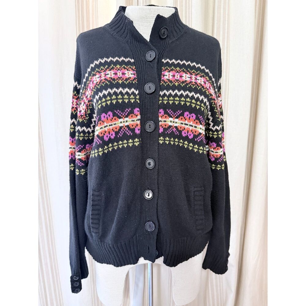 Tiara International Fair Isle Cardigan Sweater XL Black Multicolor Y2K